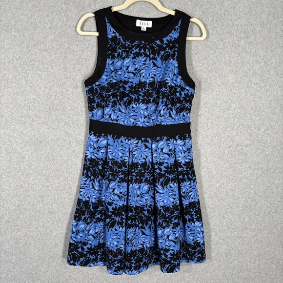 Elle Dress Size 6 Blue Floral Mini Knit Crepe Career Church Sleeveless Pleated - Picture 1 of 12